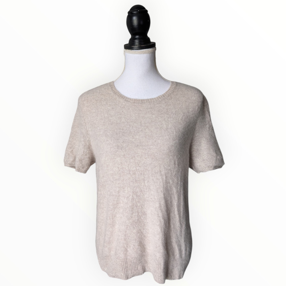 Wilt 100% Cashmere Beige Tan Crew Neck Short Sleeve Sweater Top Size Large